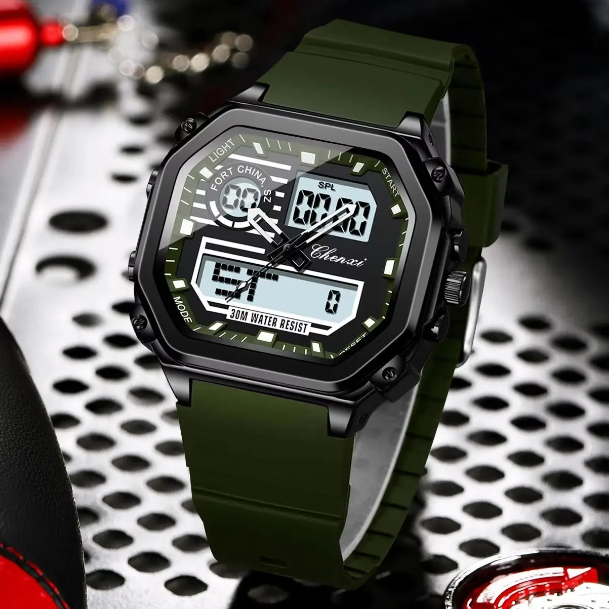 

Мужские часы CHENXI LED класса люкс с подсветкой, отображением дня недели и даты, двойным временем, цифровые, с будильником, электронные, кварцевые, Reloj