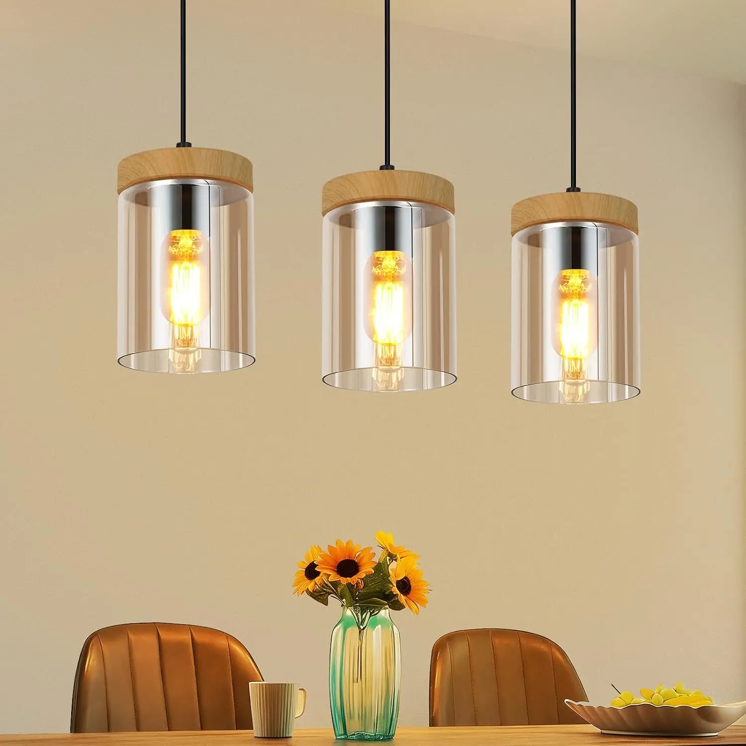 Hängelampe mit Glasabdeckung, E27-Sockel (Leuchtmittel separat erhältlich), verstellbares Aufhängekabel, ideal für Esszimmer, Wohnzimmer und Schlafzimmer.