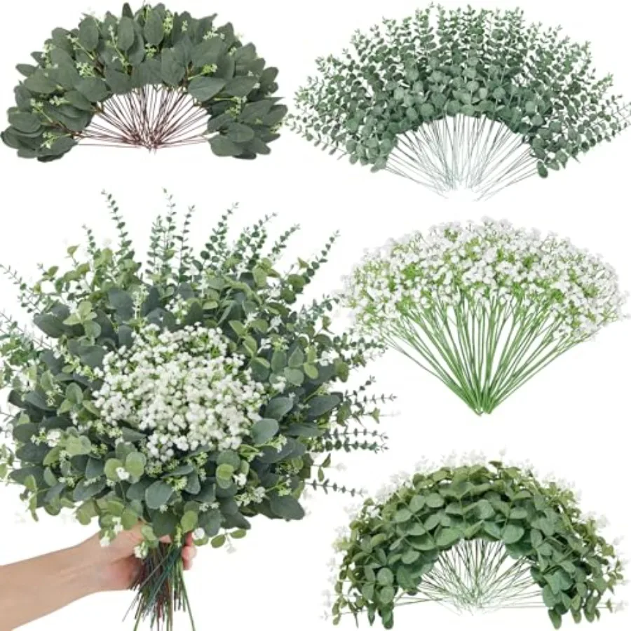 

Pcs 4 Kinds Mixed Faux Eucalyptus Stems, Baby Breath Flowers Artificial Bulk with Greenery Stems for DIY Bouquets Wedding Home