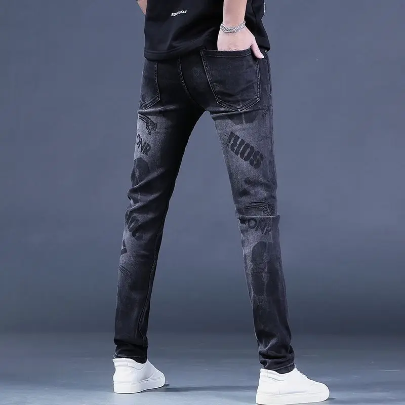 Clothes Y2k Man 2000s Black Men's Jeans New Korean Fashion Slim Trend Embroidery Printing Versatile Elastic Small Feet Trousers