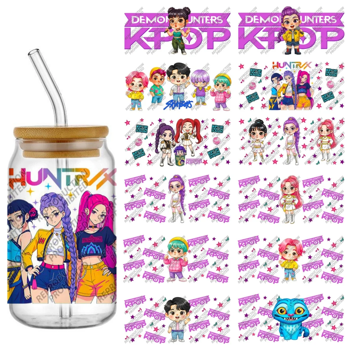 

Popular K-POP cartoon Hunter design easy peel waterproof DIY Decals 3D uvdtf tumbler transfers stickers 16oz uv dtf cup wrap