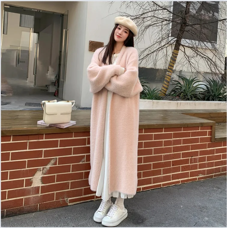 Autumn/Winter Lazy Style Loose Knee Length Thickened Pure   Fleece Knitted Sweater Cardigan Coat Women's Coat