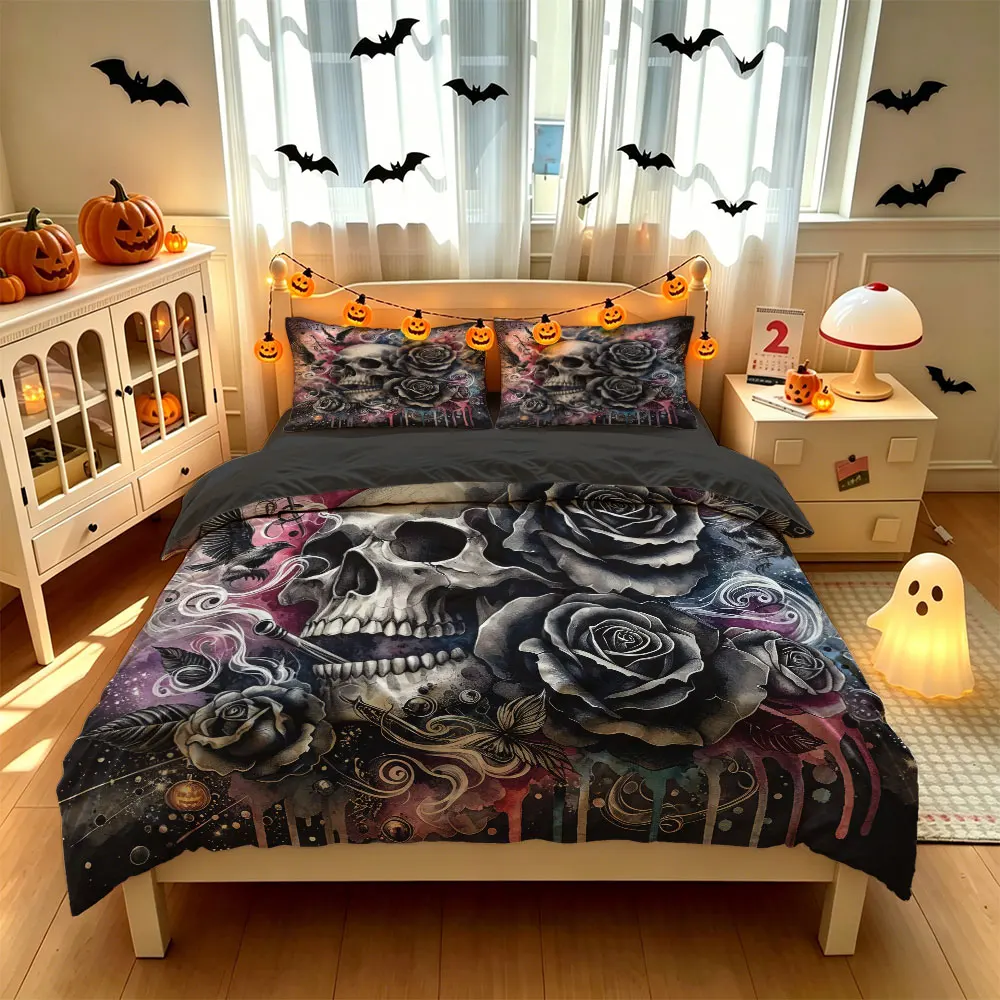 3pcs Halloween Dark Skull Print Coreless 1 Duvet Cover 2 Pillowcases Bedroom Dormitory Bedding Machine Washable Decoration