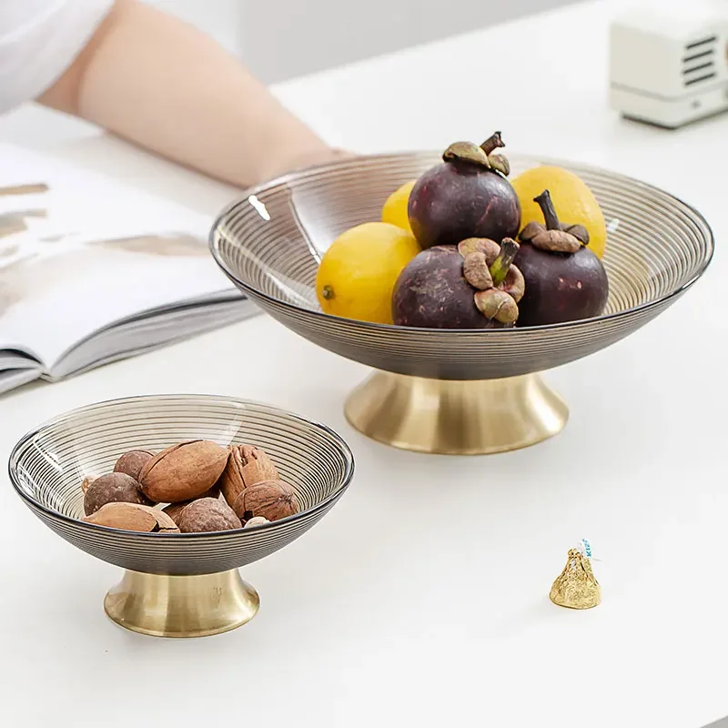 

European Simple Round Glass Fruit Plate Home Living Room Tea Table Snack Dried Storage Tray Metal Base Art Decoration