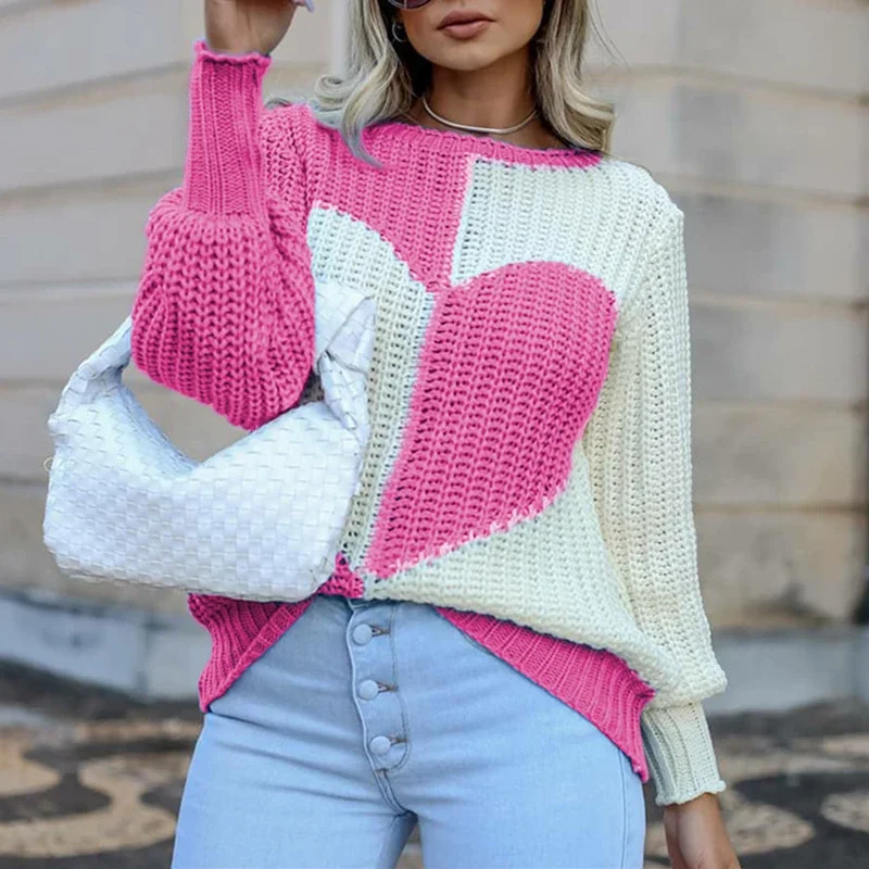 Pull décontracté à manches longues pour femmes, col rond, imprimé d'amour, patchwork, élégant, mode pour dames, automne, hiver