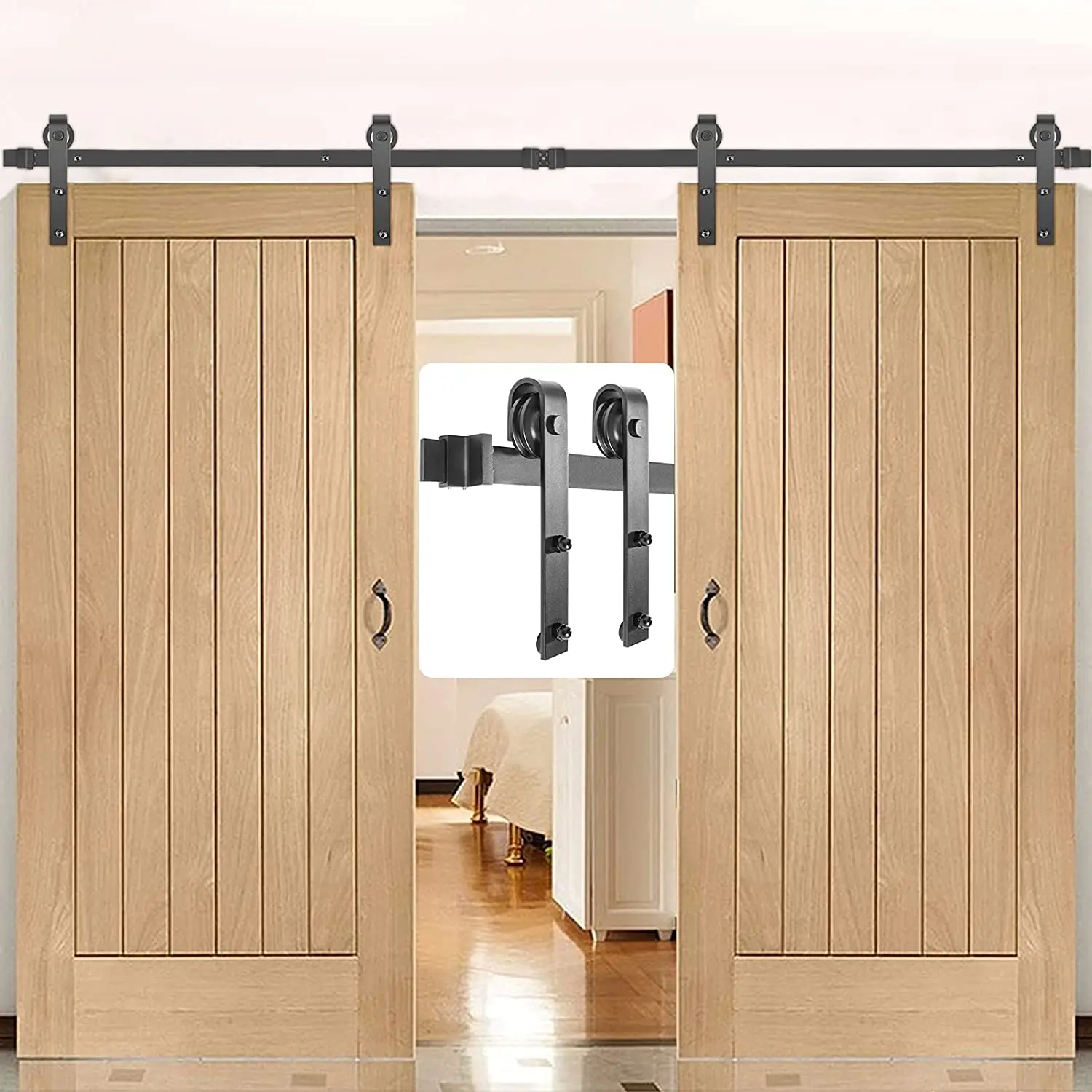 9FT Wood Sliding Barn Door Hardware Slides Kit Door Slide Load-Bearing Double Carbon Steel Barn Door Track and Rollers System