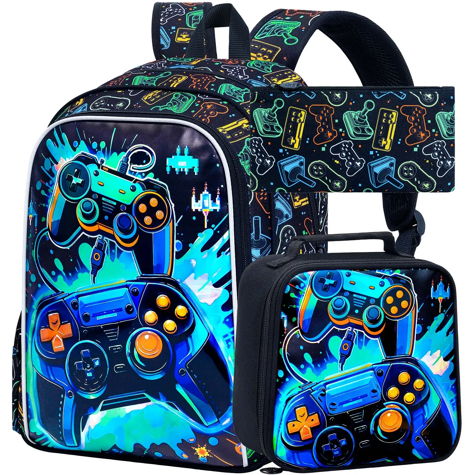 

3PCS Backpacks for Boys, 16" Kids Bookbag Water Resistant for Boy, Lightweight Backpack with Lunch Box -Game console
