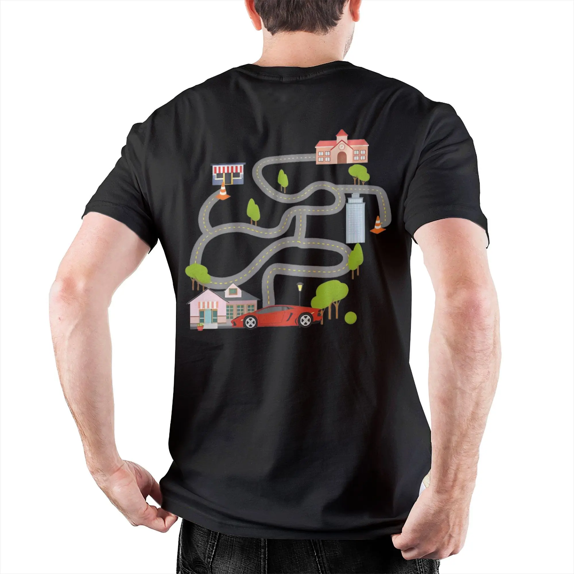 Novelty Maze Race Car Back Rub Play Mat T-Shirt Men's Cotton Short Sleeve Kids Play Cars And Train On Dad's Back Summer Clothes