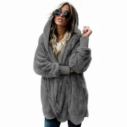 Faux Fur Coat Women 2023 Autumn Winter Warm Soft Long Fur Jacket Outwear Plush Overcoat Pocket Open Stitch Cardigan with Hood