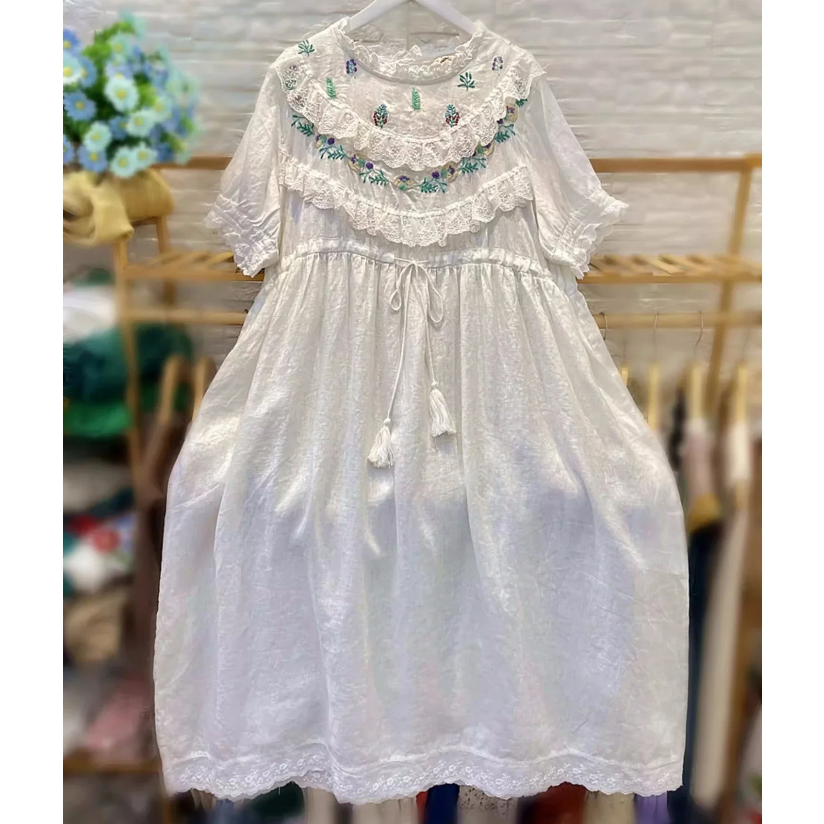 

Summer Linen Vintage Floral Lace Midi Dress for Women Victorian Rococo Retro Chic Shabby Evening Cottagecore White Long Dress