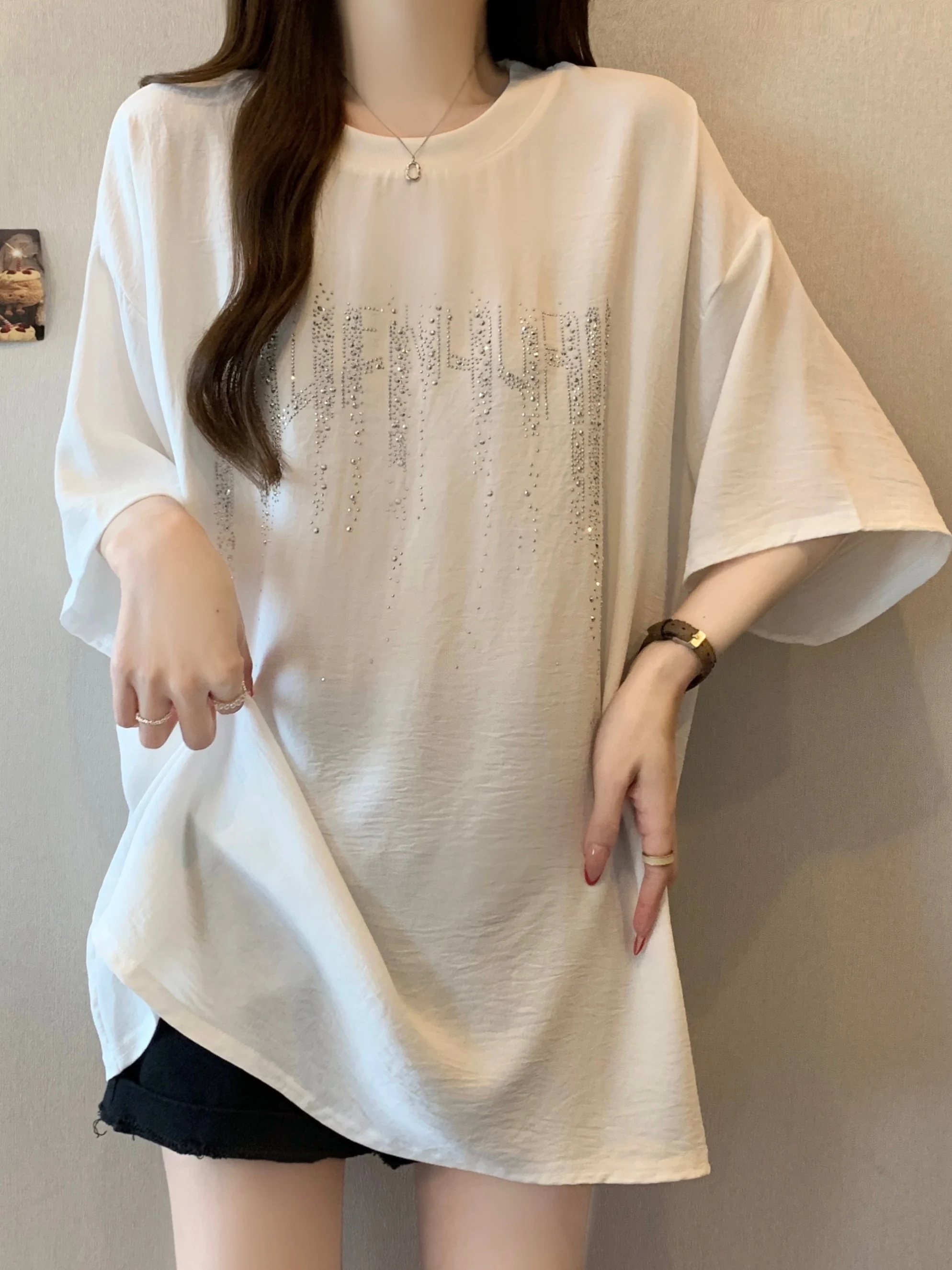 Heavy Duty Rhinestone Short Sleeve T-Shirt Women's Summer Loose Mid-Length Base Shirt Cover Butt Korean Style Knitted Top