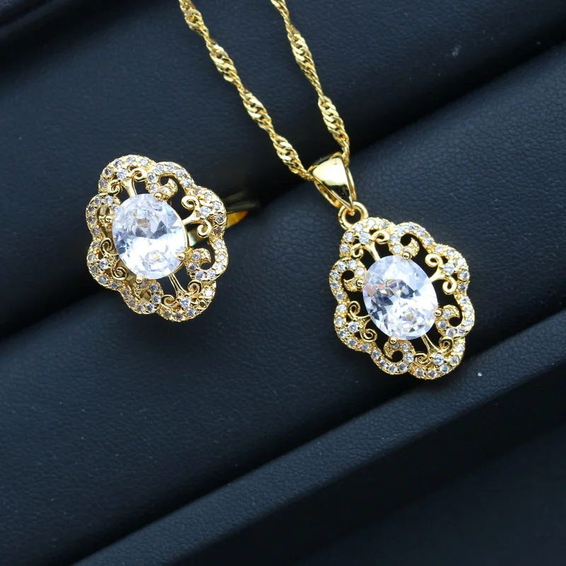 2023 New White Zirconia Gold Plated Jewelry Sets for Women Wedding Earring Pendant Necklace Ring Gift Box