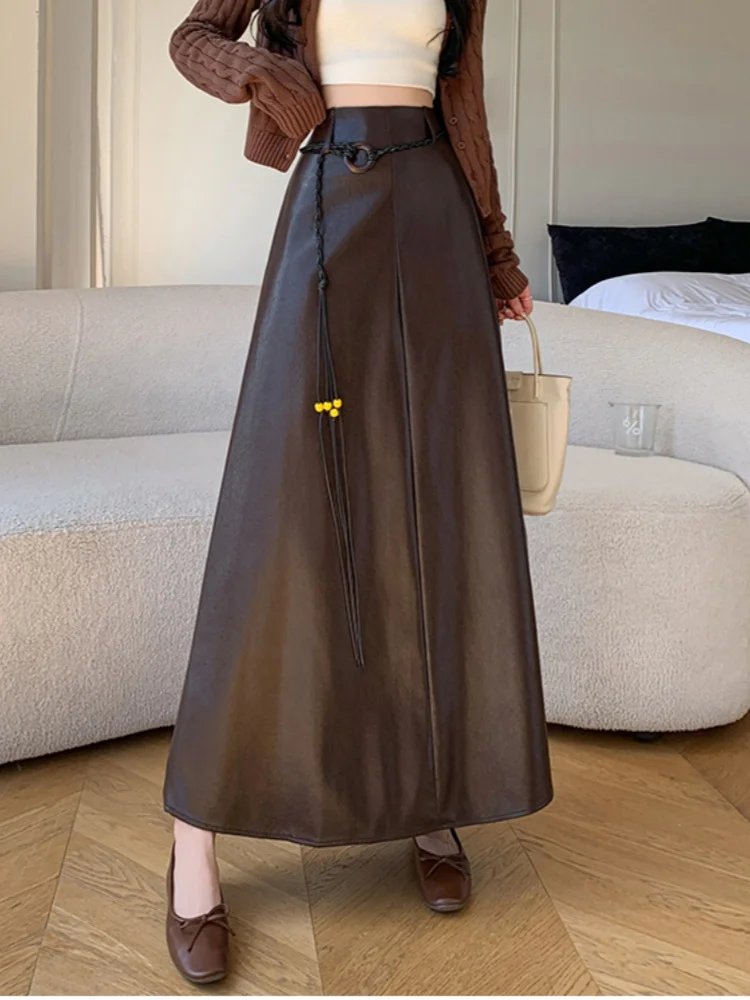 

SMTHMA PU leather midi skirt for women autumn winter high waist slimming pleated skirt feeling A-line large swing umbrella skirt