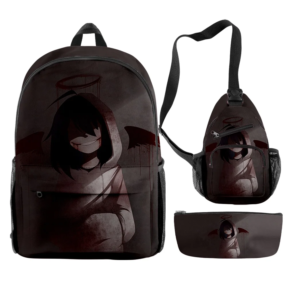 Cartoon Youthful Jeff the Killer Creepypasta 3pcs/Set Backpack 3D Print Bookbag Laptop Daypack Backpacks Chest Bags Pencil Case