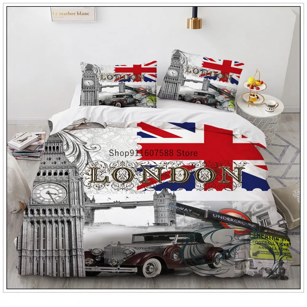 Retro City USA London City Bedding Set Fashion Car Flowers Duvet Cover Set Adults Home Textiles 2/3pcs Bed Linen NO Sheet