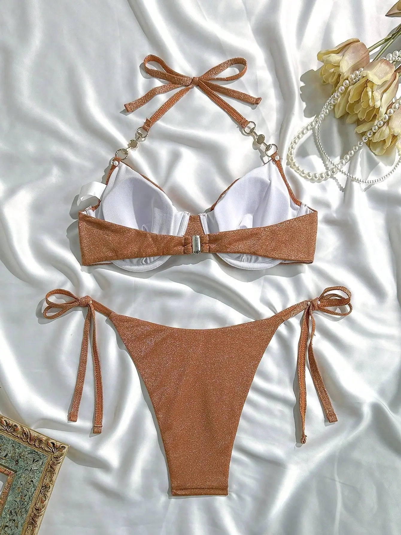 Sexy giltter marrom push up halter bikinis define duas peças tanga maiôs conjunto de biquíni tankini beachwear biquini