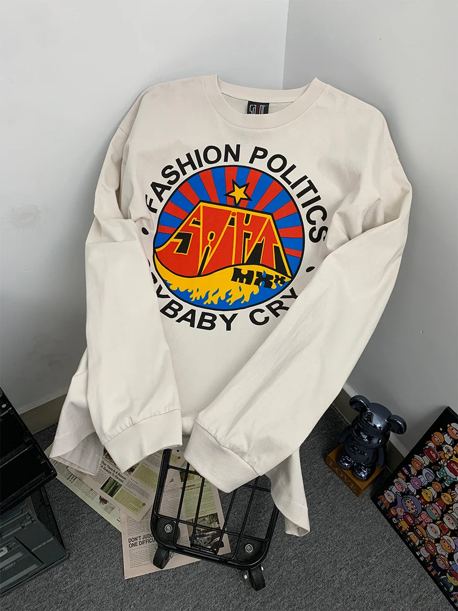 

Retro Washed Long Sleeve T-Shirt Unisex Loose Fit Letter Print Heavyweight Casual Cotton Tee for Men And Women