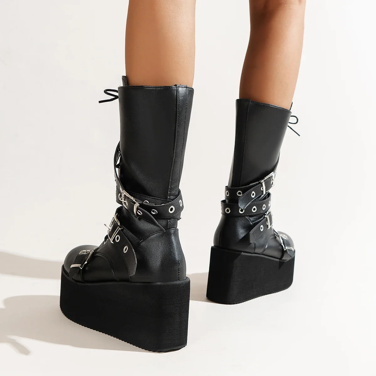 Big Size 43 Women Boots Black Lace Up Buckle Round Toe Wedges Platform Boots Punk Goth INS Women Street Shoes