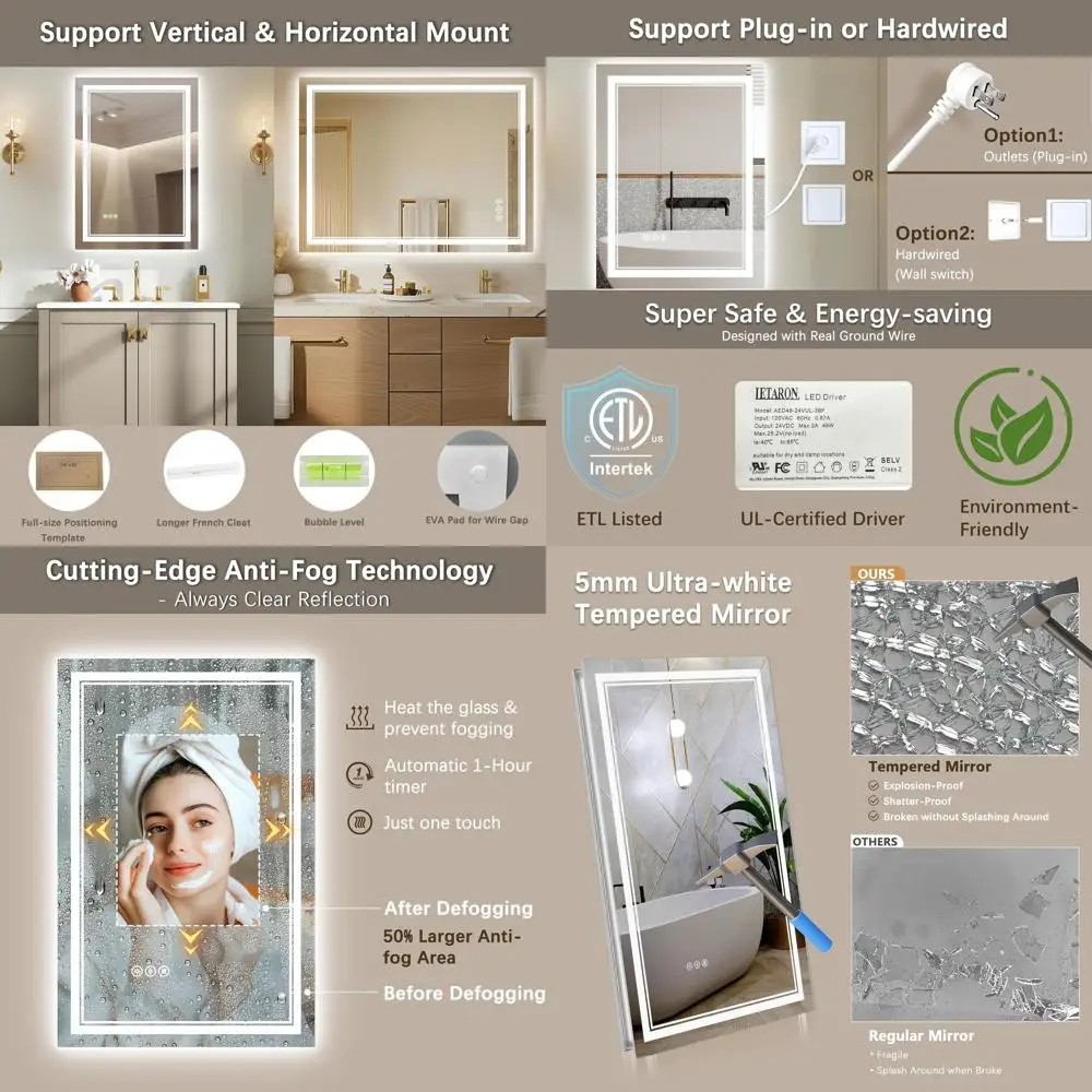 

Зеркало для ванной с LED-подсветкой, регулируемой яркостью, 26x32 дюйма, 3 цветовых температуры, функцией памяти и защитой от запотевания