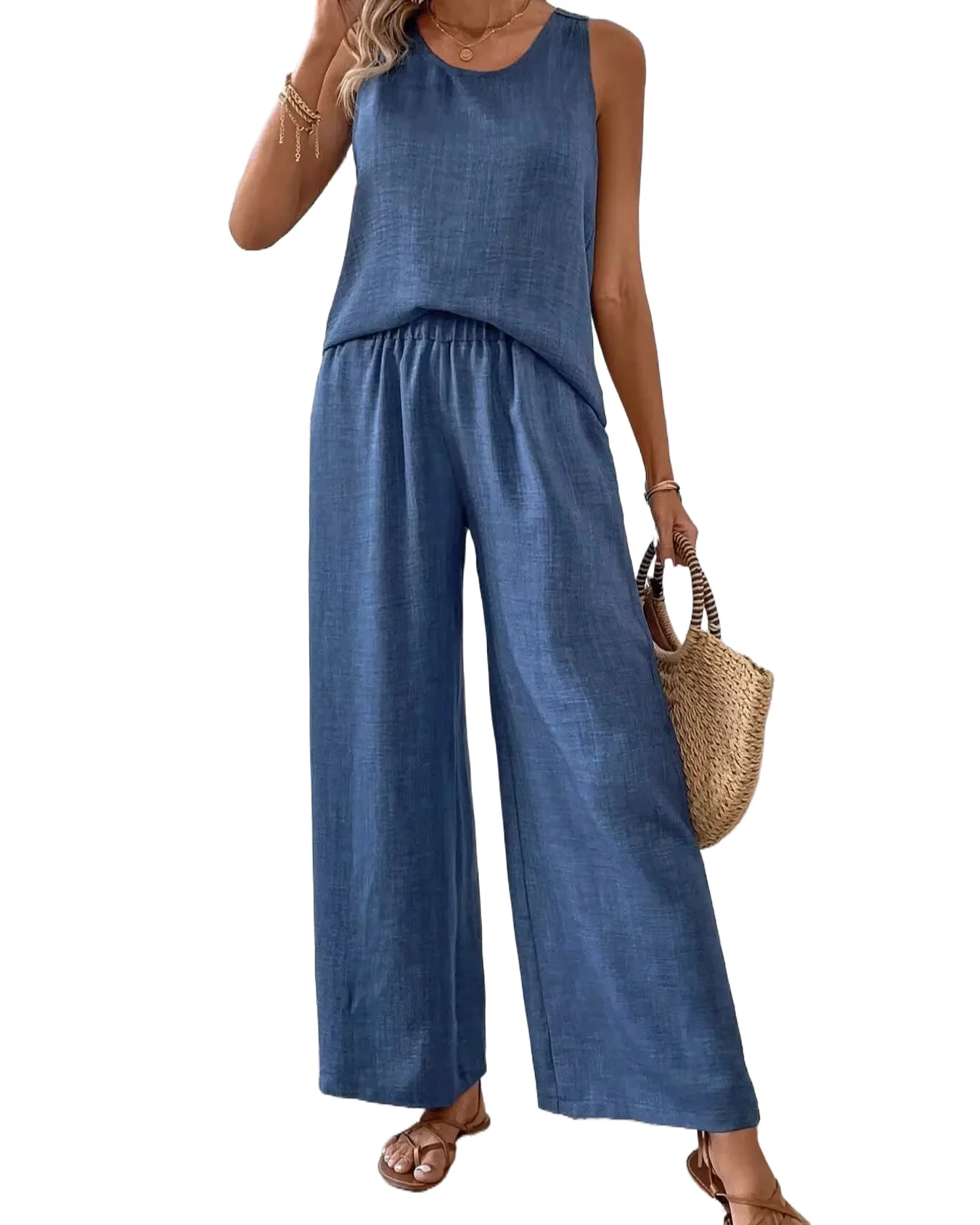 عارضة الصيف بلون السراويل مجموعات النساء الجوف خارج زهرة عارية الذراعين أكمام تي شيرت واسعة الساقين السراويل قطعتين مجموعة #1