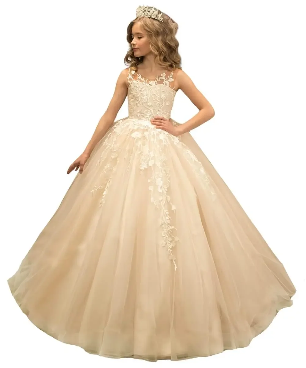 

Girls Tulle Wedding Flower Girl Dresses Long Sleeveless Pageant Dress Appliques Ball Gown for Birthday Party Vestindos De Robes