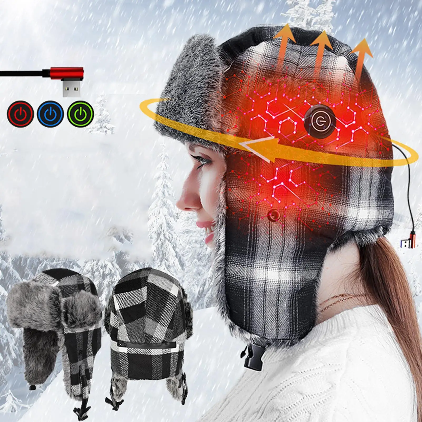 

USB Heated Hat Plug-In Three-Setting Plush Winter Trapper Hat Rechargeable Heating For Adults Teens Cycling Walking Commuting