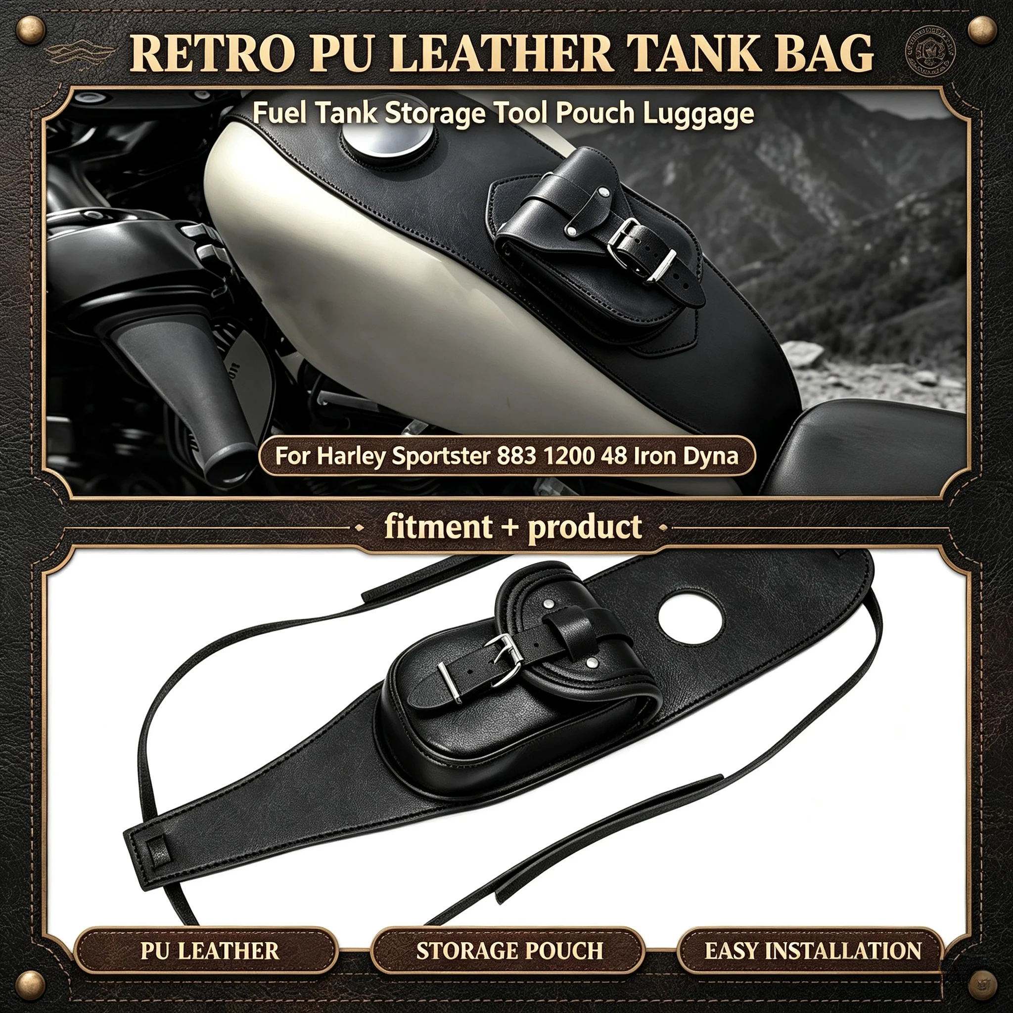 Retro PU Leather Motorcycle Tank Bag, Fuel Tank Storage Tool Pouch Luggage, Compatible For Harley Sportster 883 1200 48 Iron Dyn