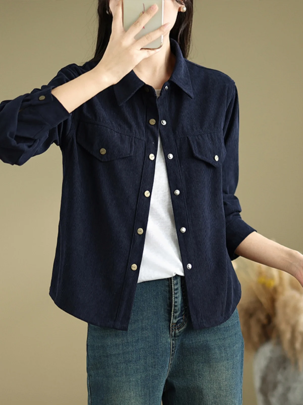 

Casual Long Sve Corduroy Striped Commute irt Women's Pure Color Artistic Versatile Top Button up ort Length Jaet
