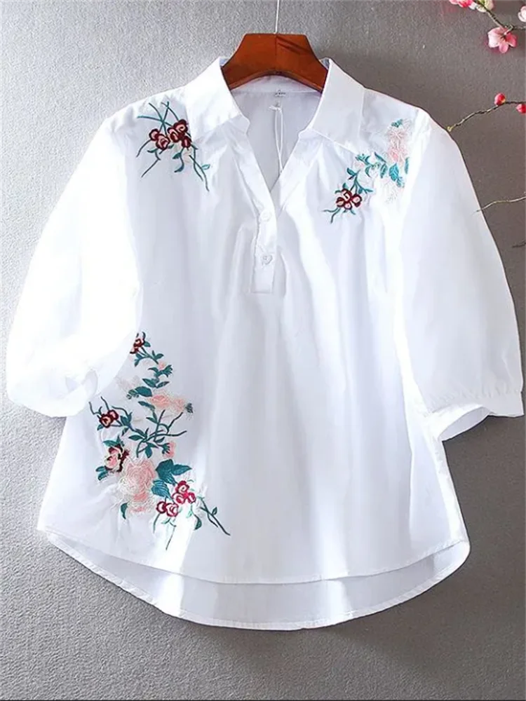 Summer Loose Blouse Women Shirt Embroidery Shirt For Women V-neck Shirt Elegant Oversized Chinese Blous Half Sleeve Female Shirt