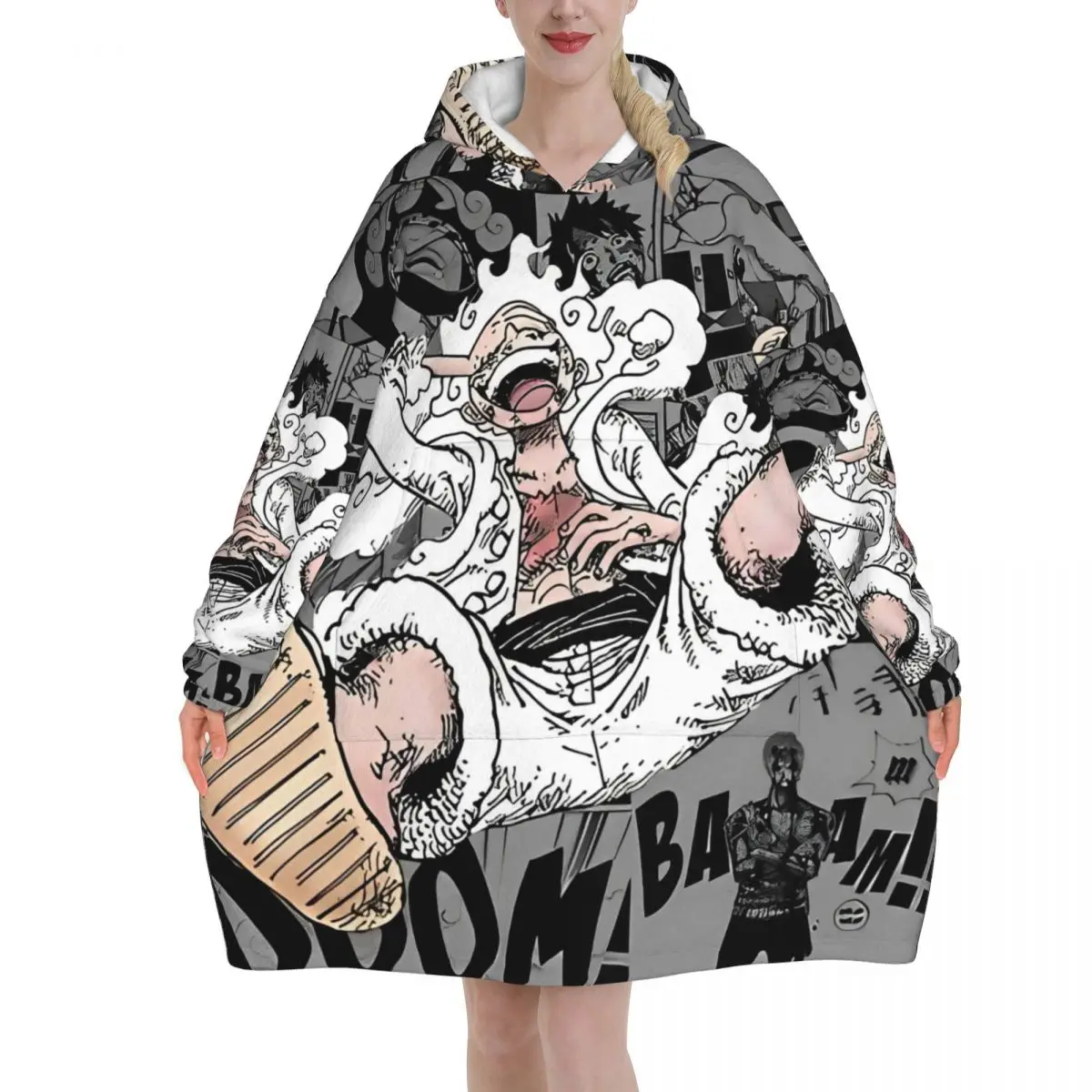 

Luffy Gear One Piece Oversized Blanket Hoodie Sweatshirt Long Fleece Hooded Wearable Blanket with Large Pocket for Women Men