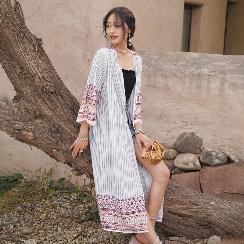 

Retro Ethnic Print Long Jacket 2025 New Women's Summer Beach Vacation Open Cardigan Trendy Straight Cut Long Sleeve Top