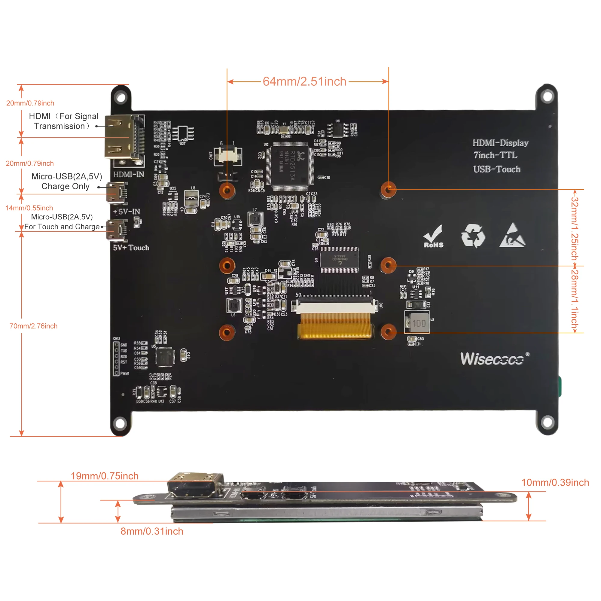 Wisecoco-Monitor táctil para Raspberry Pi 5 4 BB, pantalla de 7 pulgadas IPS 1024x600, HDMI, 500nit, brillo, color negro, Banana Pi, Windows