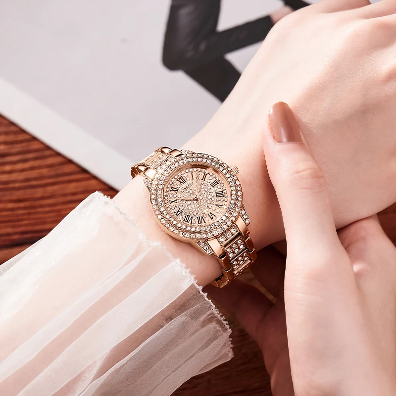 SUNKTA ساعات نسائية Relojes Para Mujer ساعة ذهبية كلاسيكية فاخرة للنساء بحزام معدني مستدير من حجر الراين ساعات يد كوارتز #4