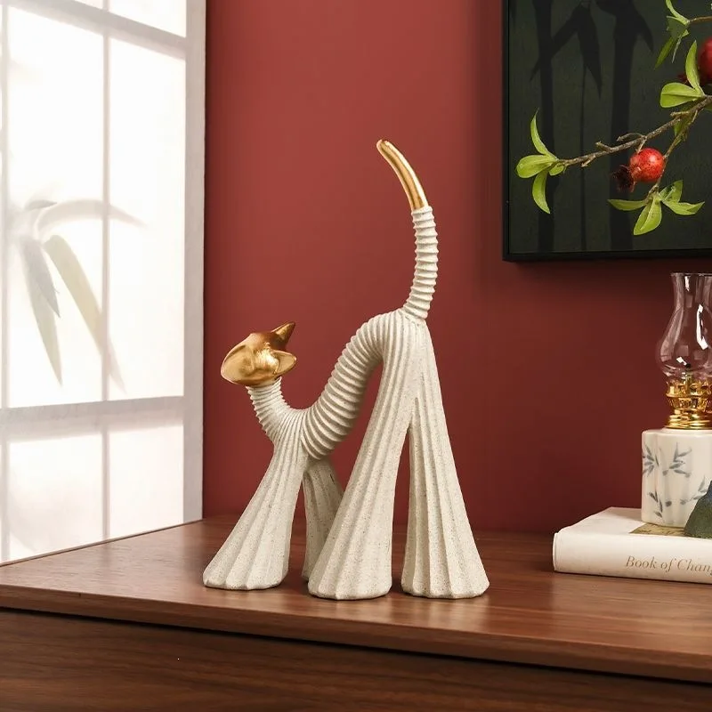 Modern Abstract Cat Statue Resin Sculpture Nordic Home Decoration Elegant Golden White Cat Statue Office Desktop Art Gift