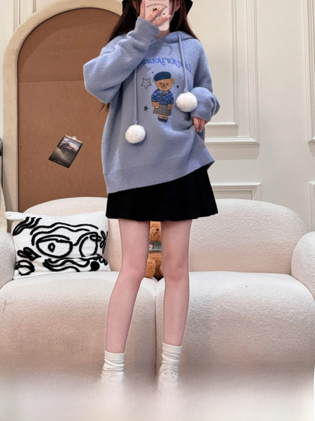 

Black Wool Skirt Lazy Style Loose Fit JK Uniform College Style Fashion Set for Young Women Ages 18-25 Spring Season