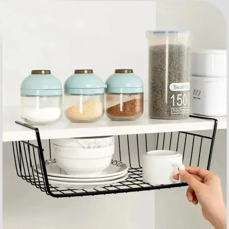 

Hanging Net Basket Large Capacity Metal Hanging Under The Cabinet Storage Shelves Spice Dishes Storage Pantry Kitchen Organizers