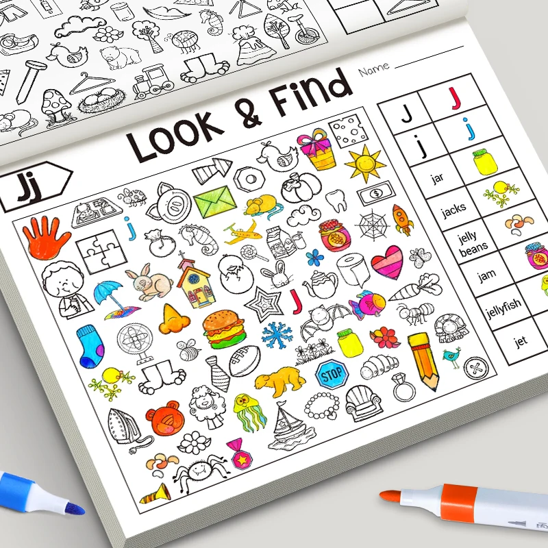 Jogo de pesquisa infantil para itens, melhora a percepção visual, livro para colorir divertido, foco e atenção, livro de exercícios de escrita