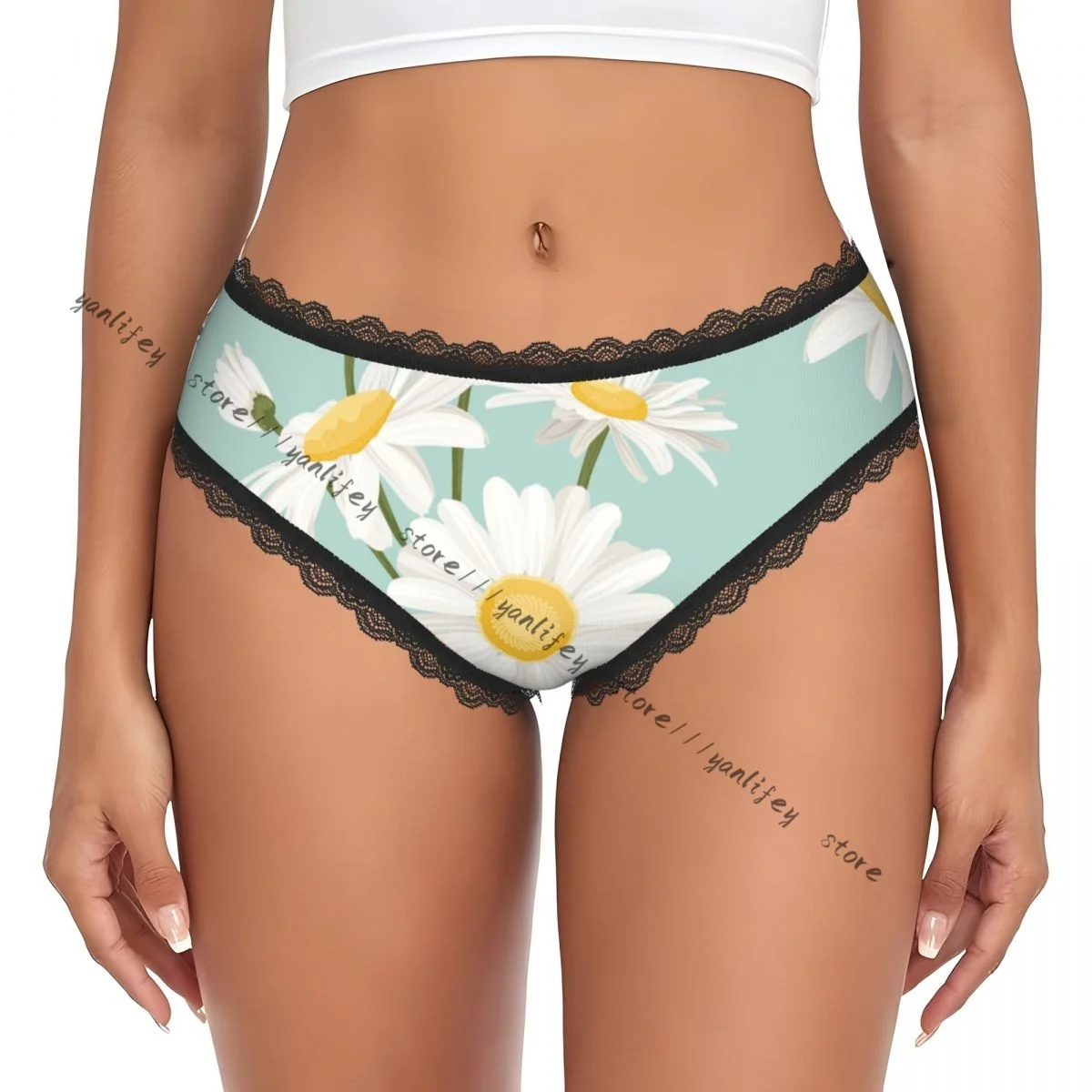 Braguitas de Encaje Triangulares Sexys para Mujer, Diseño de Campo de Margaritas y Manzanillas, Cintura Baja
