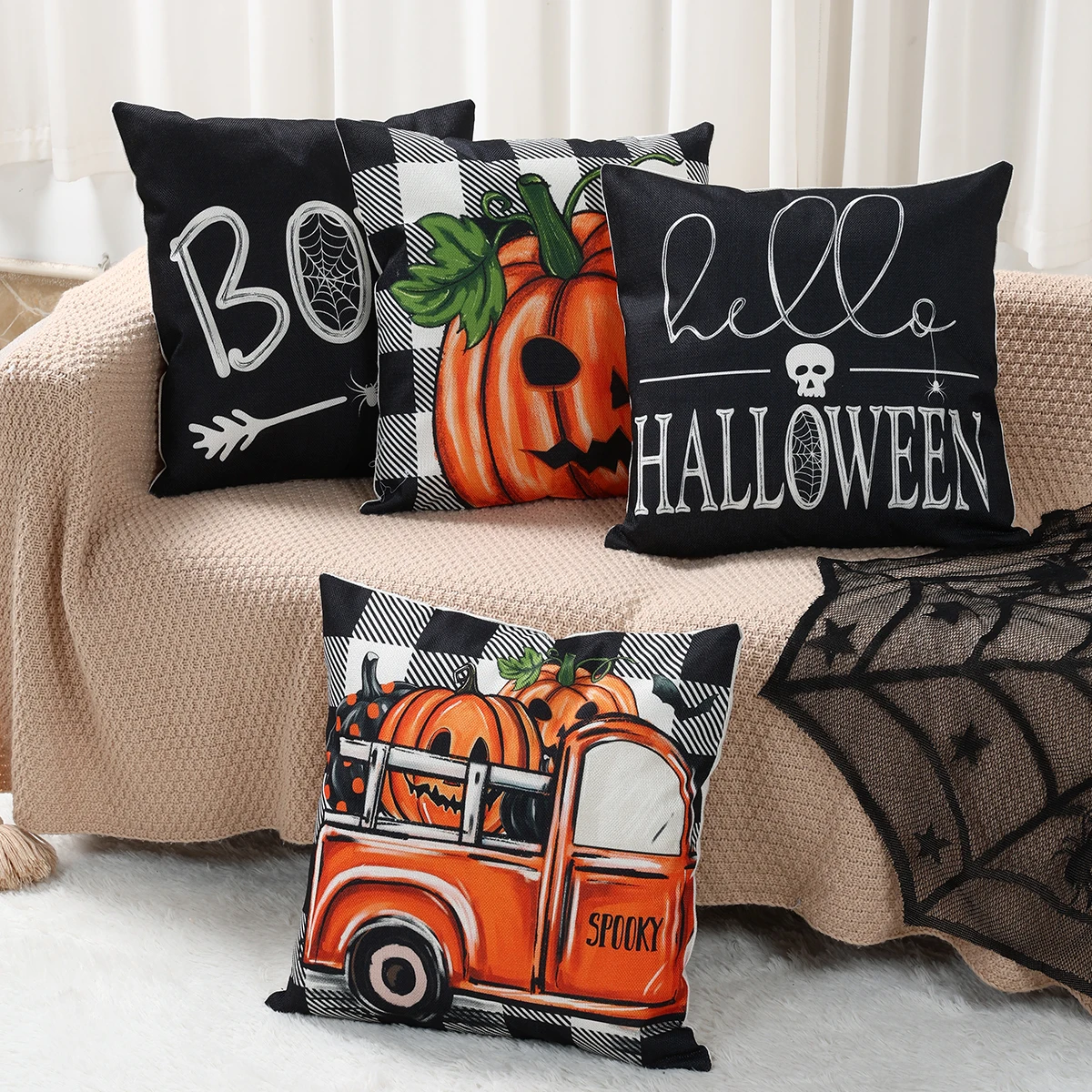 Halloween Pumpkin Ghost Pillowcase Happy Halloween Party Decorations For Home 2024 Trick Or Treat BOO Spider Web Cushion Cover