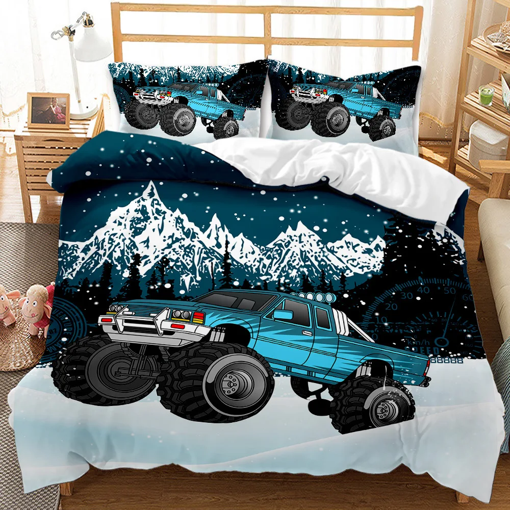 Truck Duvet Cover Set Automobile Blue Monster Pickup Truck Off Road Vehicle Bedding Set For Boys King Size Polyester Quilt Cover