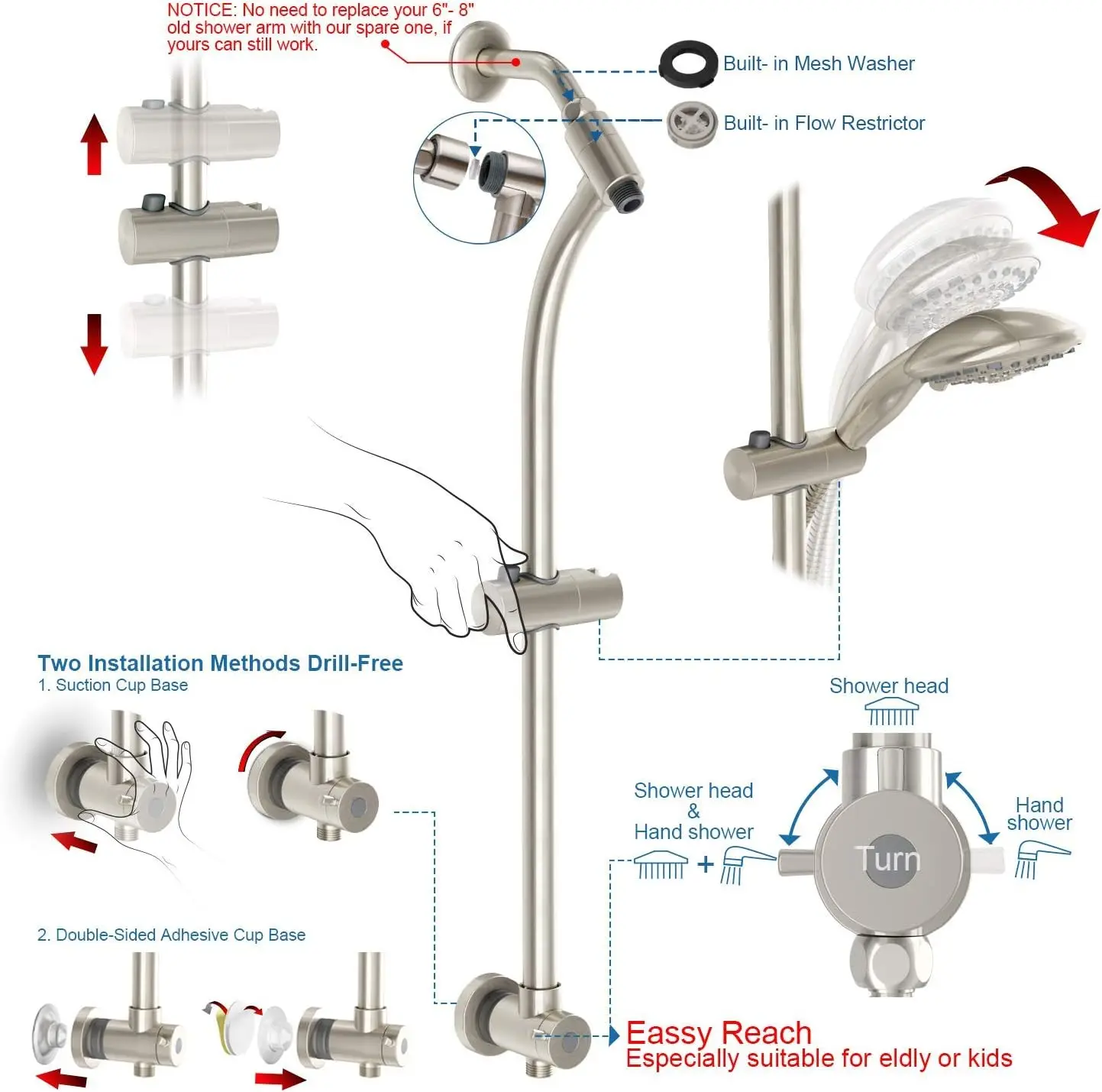 Showerhead  Rain Shower Combo for , 27.5 Drill-free Stainless Steel Slide Bar, 5”of 5-setting Handheld Shower  with 5ft Hose