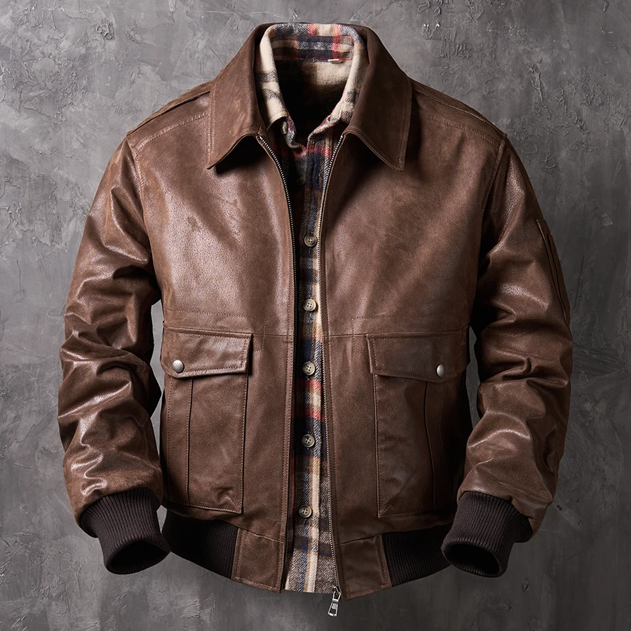 

Men's Real Leather Bomber Casual Jacket Turn-Down Collar Leather Coat