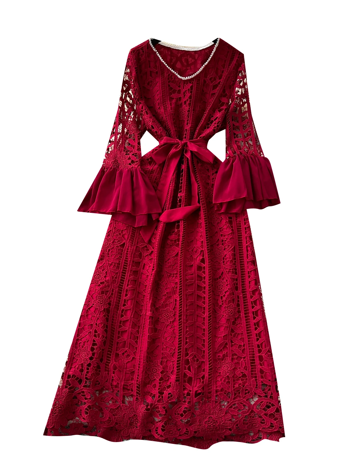 SuperAen Retro Hollowed-OUT โครเชต์ลูกไม้เอว Flared Sleeve Dress Big Swing Elegant Dress