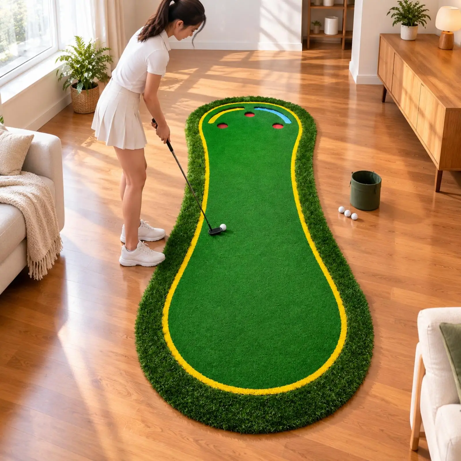Indoor Golf Putting Practice Pad with Three Holes Big Foot Shape EVA Turf Mat for Training Aid