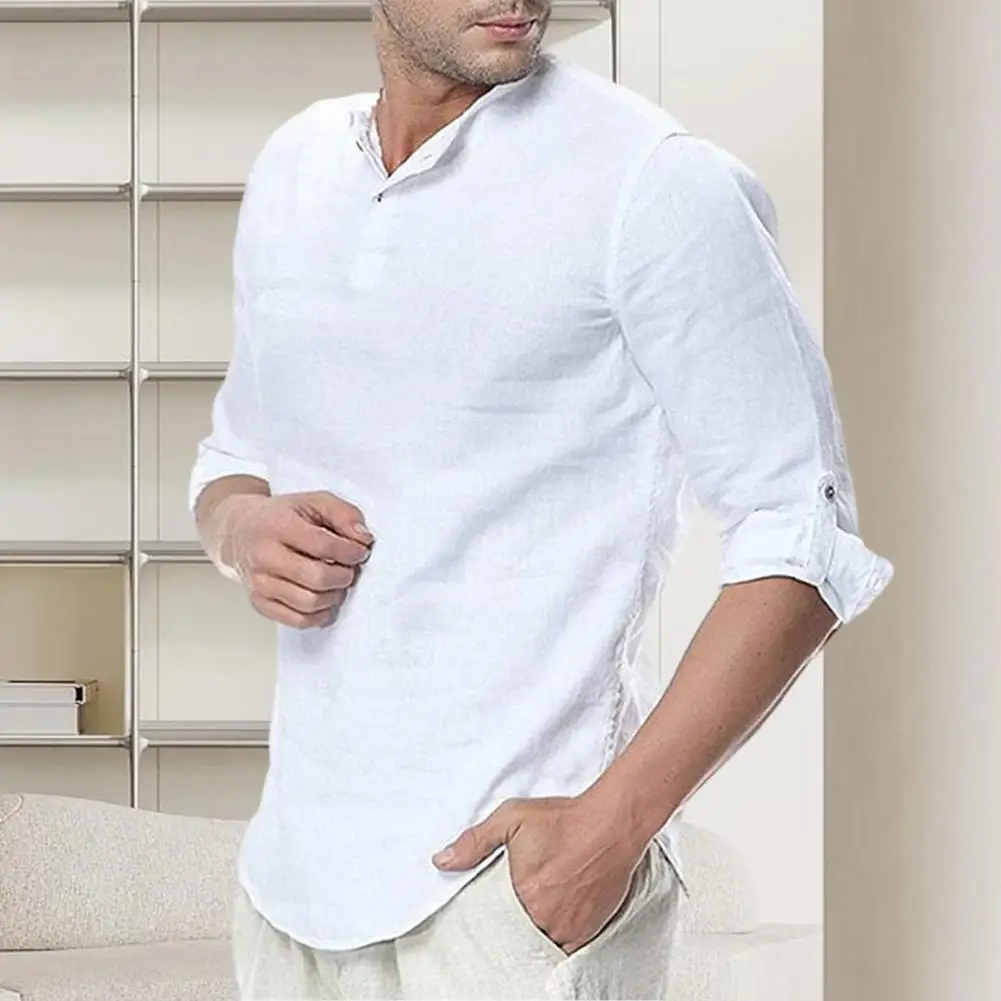 

Men Daily Shirt Men's Solid Color Long Sleeve T-shirt with Cufflink Detail Casual O Neck Pullover for Spring Fall Soft Loose Mid