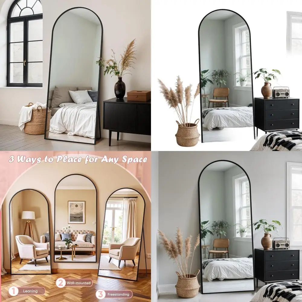 Large 64 Arched Floor Standing Mirror for Bedroom, Bathroom, or Living Room in Black