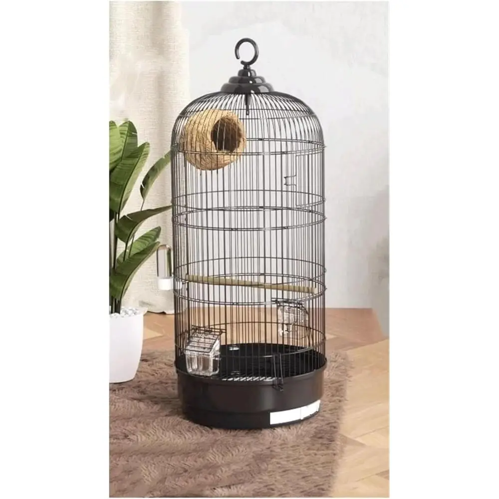 

Portable Tall Round Birdcage with Grass Nest for Parrots and Tiels - Black Iron Aviary for Travel