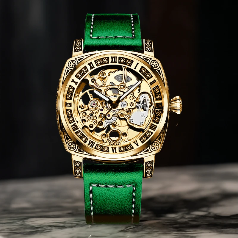 

A stylish Roman numeral luminous automatic mechanical watch with a green belt for men