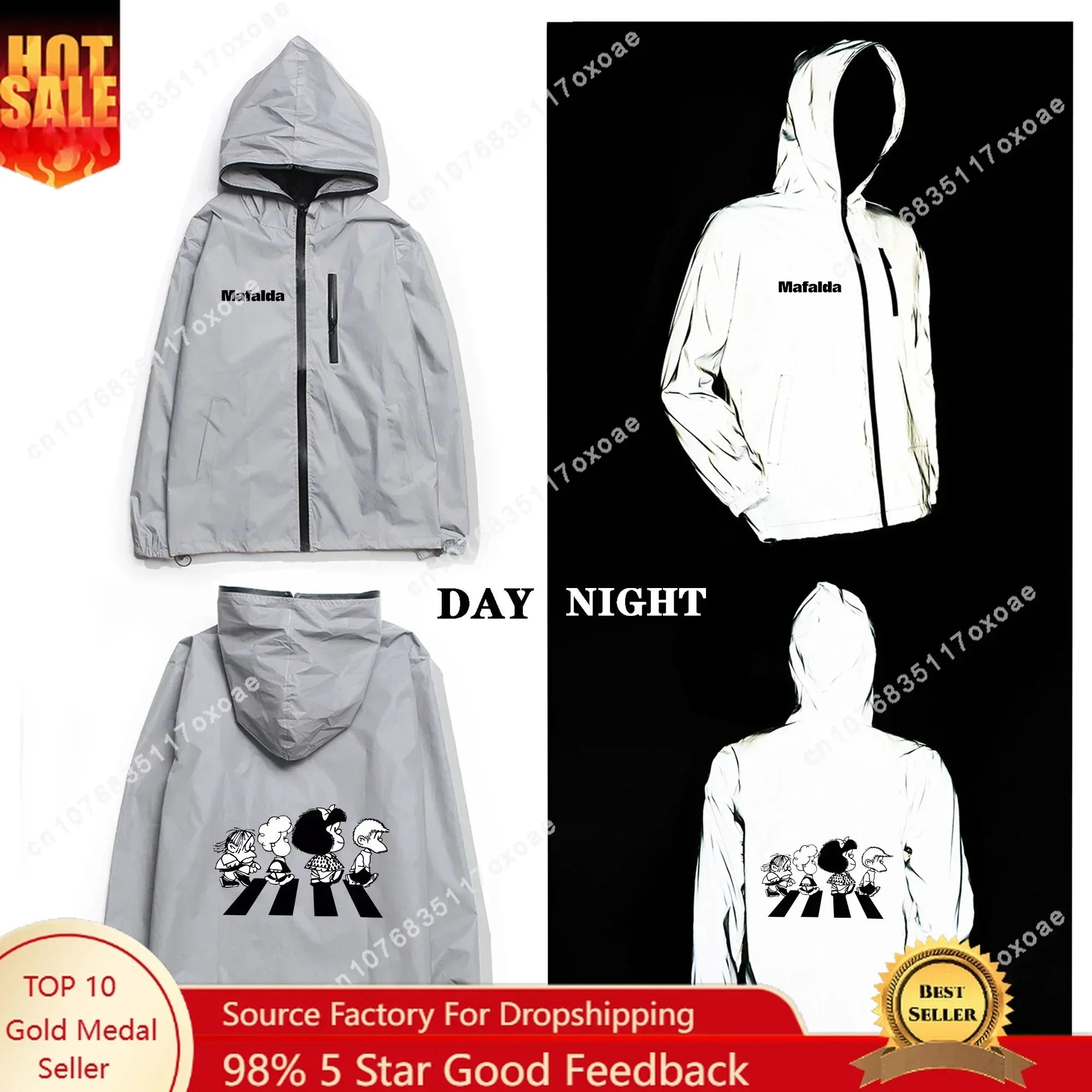 Mafalda Reflective Jacket Mens Womens Coat Hooded Windbreaker Pocket Jackets Anime Cartoon Manga Customization Hoodie
