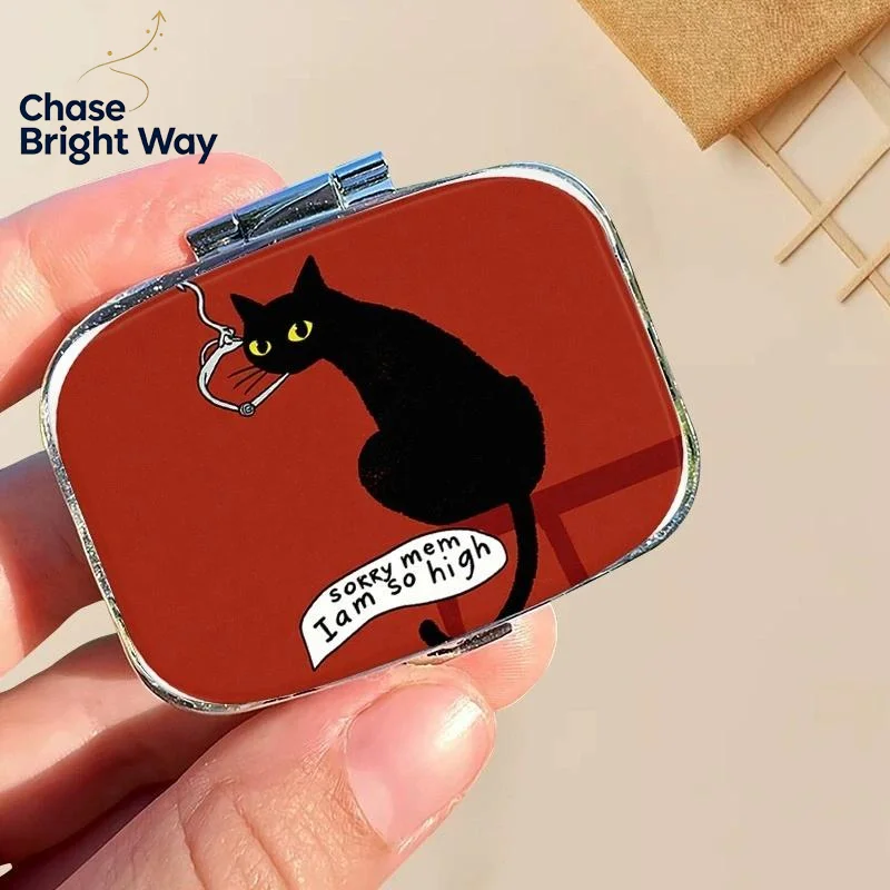 Funny Black Cat Mini Metal Pill Box 2 Compartment Portable Medicine Organizer for Outdoor Trip Storage